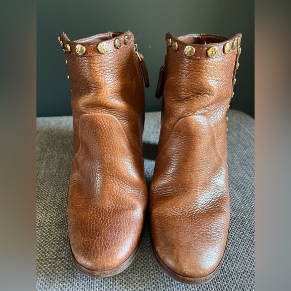 TORY BURCH Caramel Brown Leather Studded Ankle Boots - Picture 7 of 9